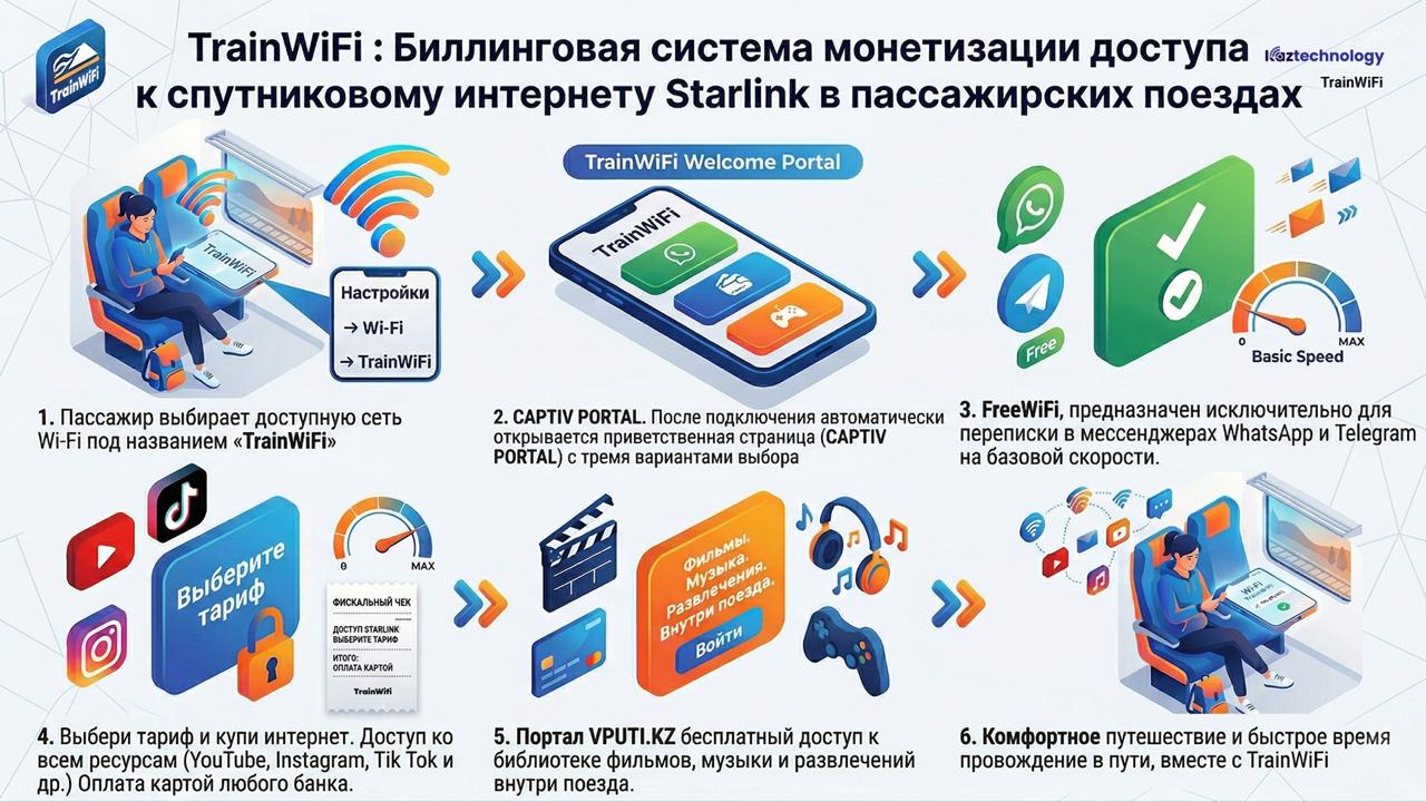 Kaztechnology разработала TrainWiFi: биллинговую систему монетизации доступа к спутниковому интернету Starlink в пассажирских поездах 1